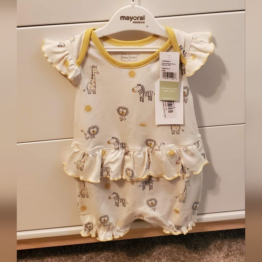 Kissy Love 6-9m Yellow and zoo animal pattern romper NEW WITH TAGS